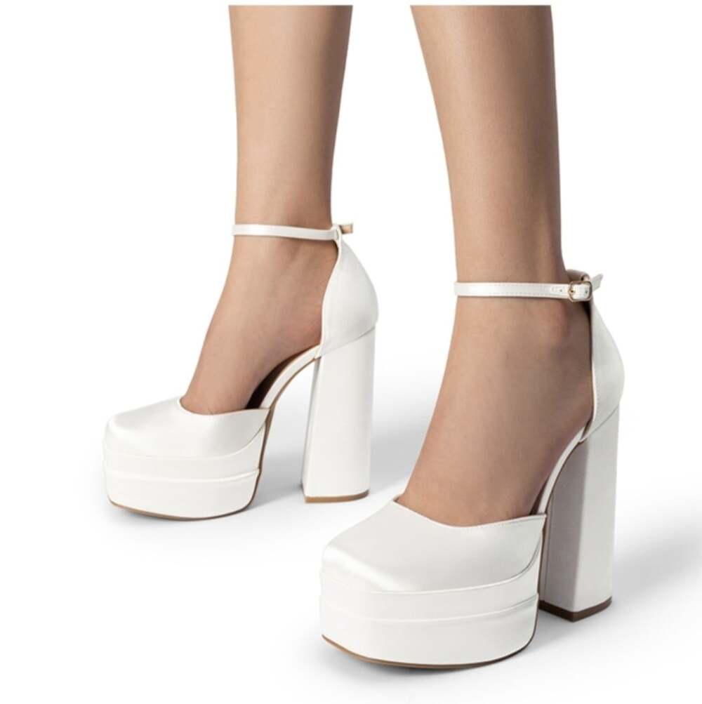 Satin White Ankle Strap Chunky Platform High Heel Close Toe Wedding Pump Shoes